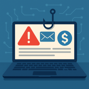 Ilustrácia phishingového podvodu: laptop, phishing háčik a varovný e-mail