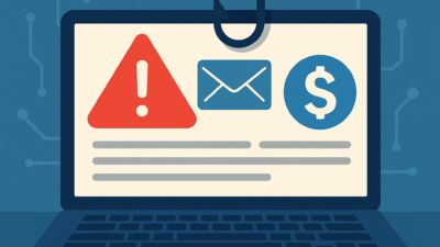 Ilustrácia phishingového podvodu: laptop, phishing háčik a varovný e-mail