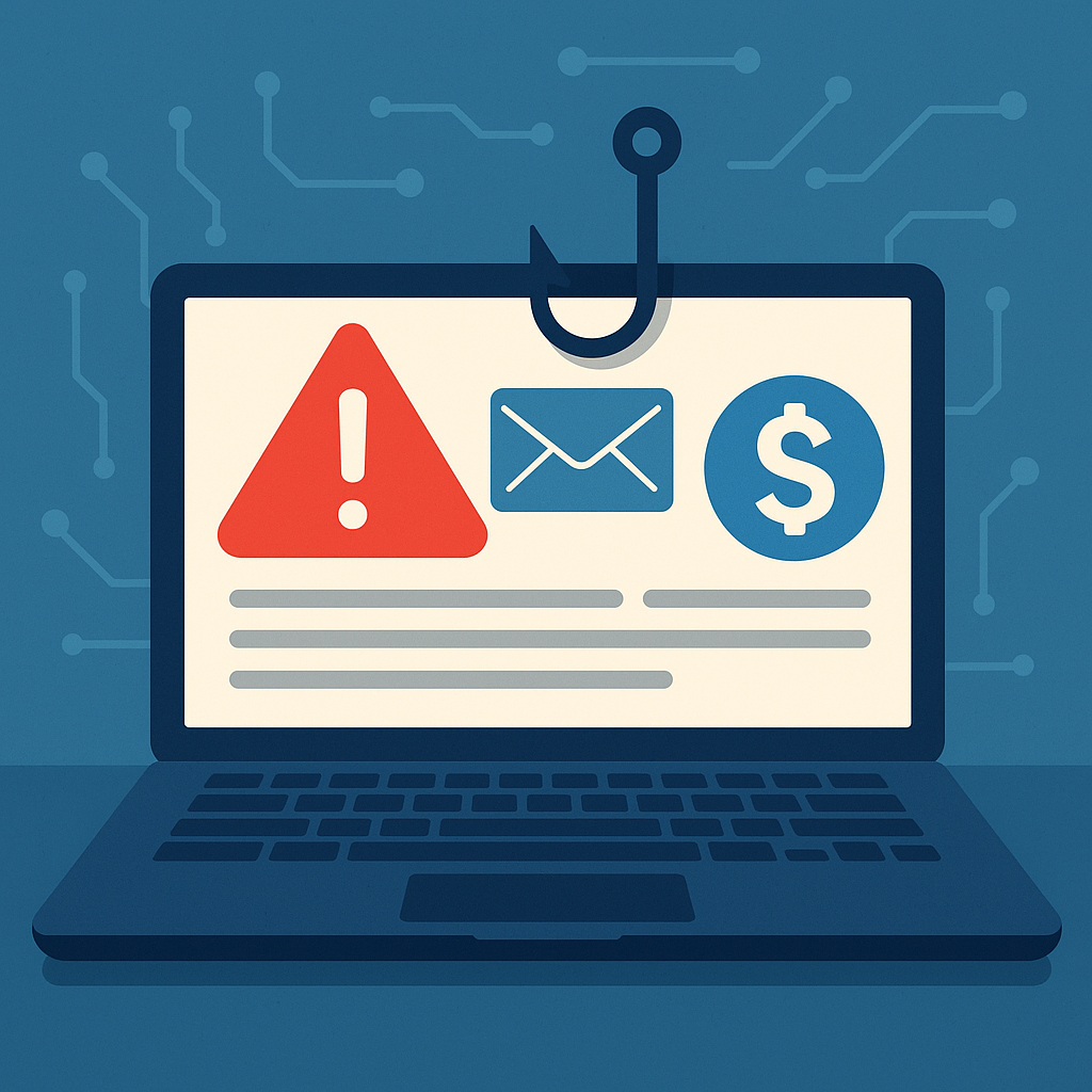 Ilustrácia phishingového podvodu: laptop, phishing háčik a varovný e-mail