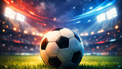 Futbalová lopta na trávniku pod svetlami štadióna, ilustračná grafika