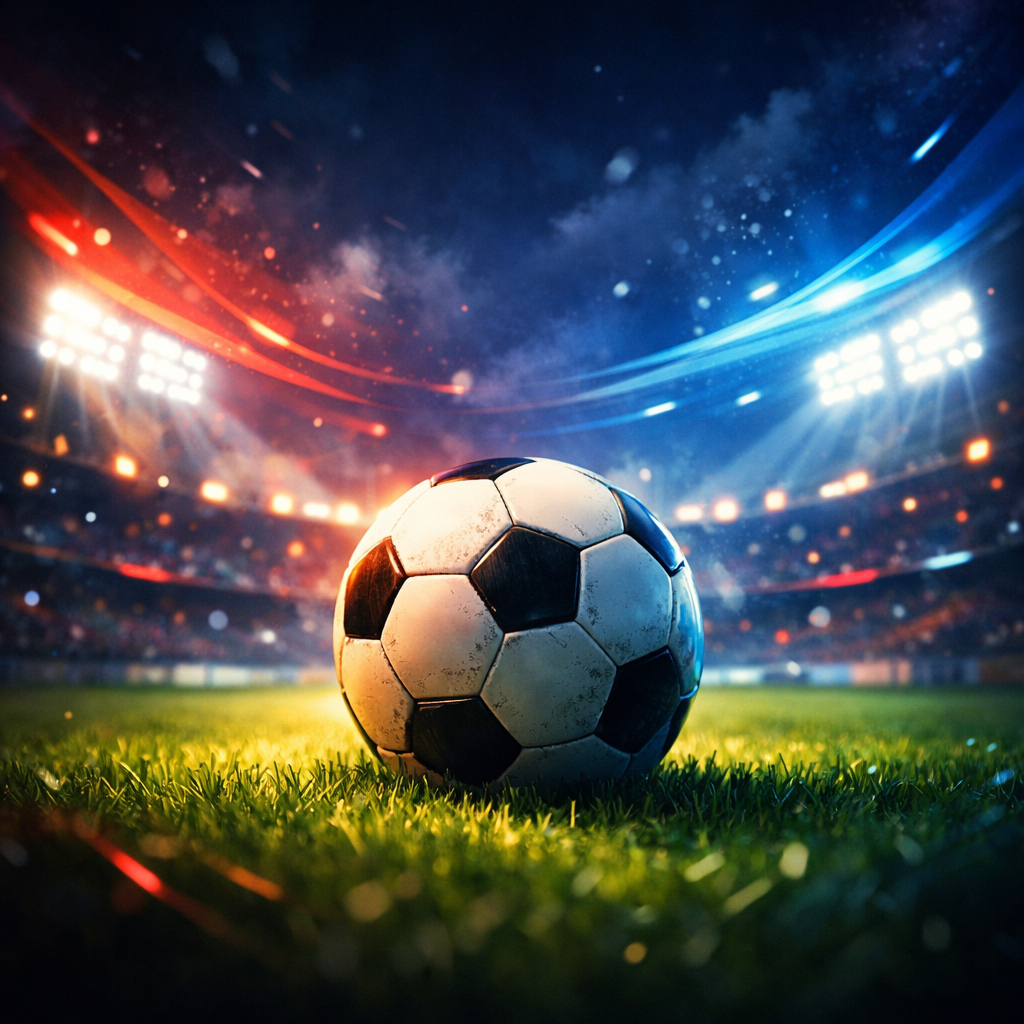 Futbalová lopta na trávniku pod svetlami štadióna, ilustračná grafika