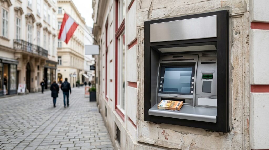 Bankomat v Rakúsku s eurobankovkami - ilustračný AI obrázok