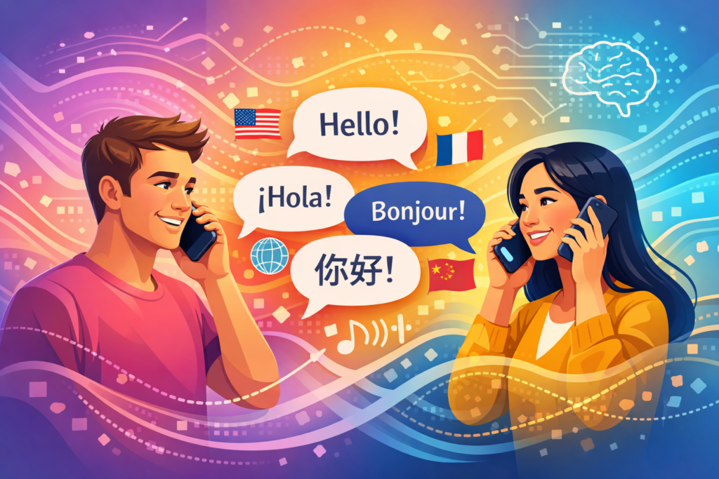 Ilustrácia dvoch ľudí telefonujúcich so službou živého prekladu