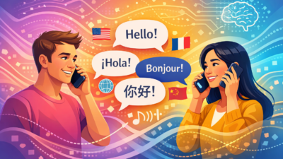 Ilustrácia dvoch ľudí telefonujúcich so službou živého prekladu