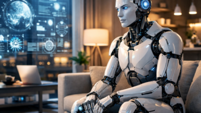 Humanoidný robot v modernom obývacom priestore