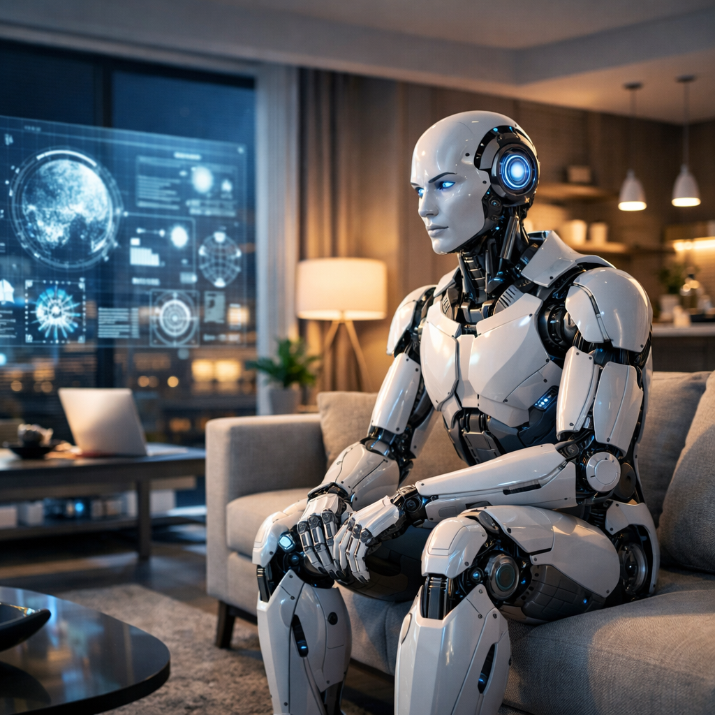 Humanoidný robot v modernom obývacom priestore