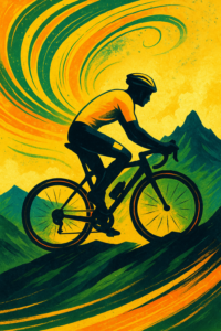 Ilustrácia cyklistu v žltom drese na horskom stúpaní