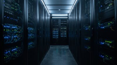 Tmavá serverovňa s radmi rackových skríň a modrými kontrolkami na sieťových zariadeniach