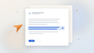 Ilustrácia: pracovný e-mail, v ktorom dve vety navrhla umelá inteligencia, a papierové lietadielko ako odoslanie správy