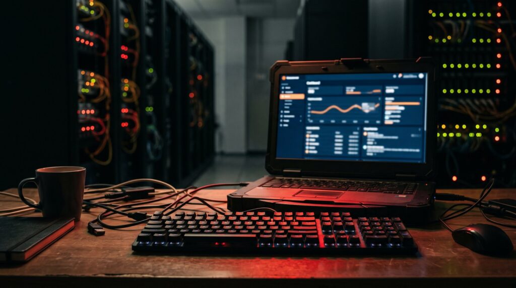 Notebook správcu webu v tmavej kancelárii s červeným varovným svetlom, v pozadí serverové skrine