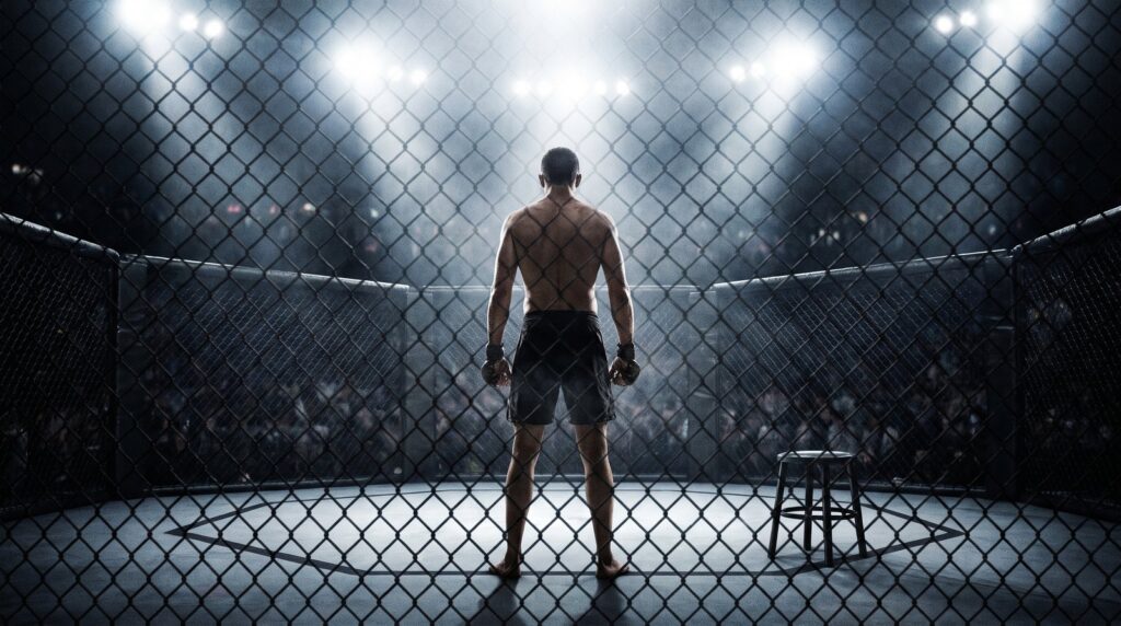 Bojovník v MMA klietke pod svetlami arény, pohľad zboku cez pletivo