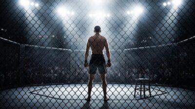 Bojovník v MMA klietke pod svetlami arény, pohľad zboku cez pletivo