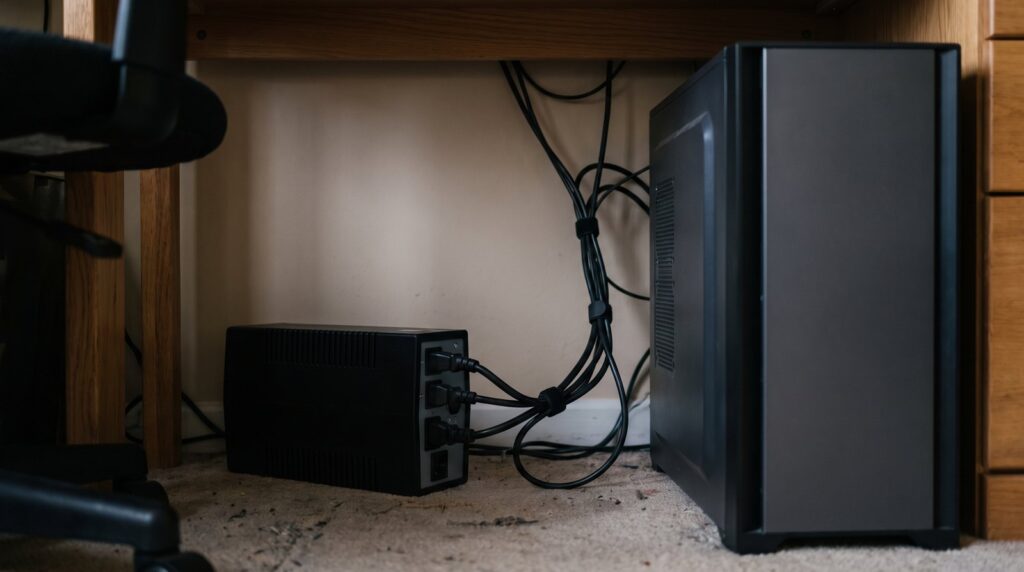 Malý čierny záložný zdroj UPS na podlahe pod pracovným stolom s pripojenými napájacími káblami
