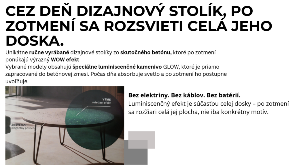LUMA CONCRETE cez deň a po zotmení – porovnanie luminiscenčného efektu